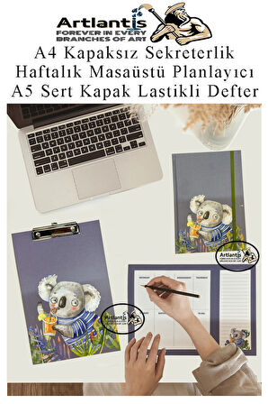Desenli A4 Kapaksız Sekreterlik Masaüstü Haftalık Planlayıcı ve A5 Sert Kapak Lastikli Defter Planner Planlama Seti Ofis