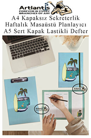 Desenli A4 Kapaksız Sekreterlik Masaüstü Haftalık Planlayıcı ve A5 Sert Kapak Lastikli Defter Planner Planlama Seti Ofis