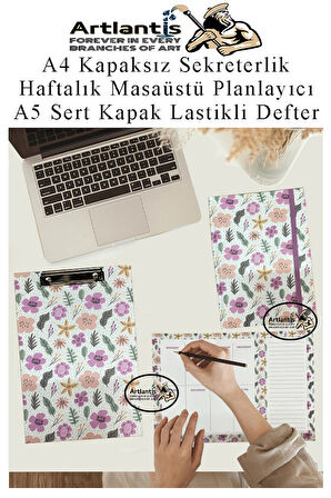 Desenli A4 Kapaksız Sekreterlik Masaüstü Haftalık Planlayıcı ve A5 Sert Kapak Lastikli Defter Planner Planlama Seti Ofis