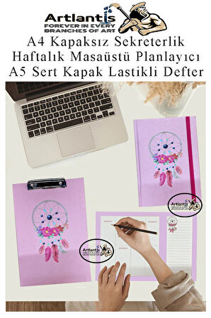 Desenli A4 Kapaksız Sekreterlik Masaüstü Haftalık Planlayıcı ve A5 Sert Kapak Lastikli Defter Planner Planlama Seti Ofis