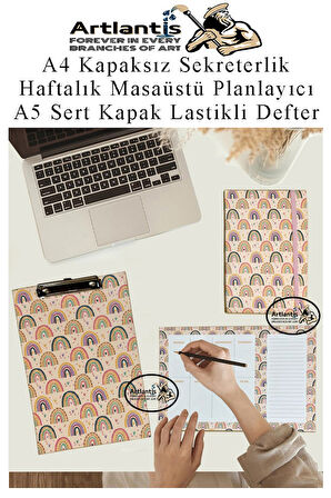 Desenli A4 Kapaksız Sekreterlik Masaüstü Haftalık Planlayıcı ve A5 Sert Kapak Lastikli Defter Planner Planlama Seti Ofis