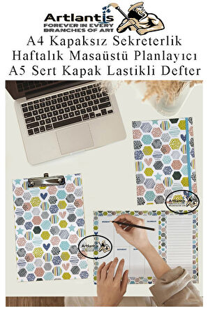 Desenli A4 Kapaksız Sekreterlik Masaüstü Haftalık Planlayıcı ve A5 Sert Kapak Lastikli Defter Planner Planlama Seti Ofis