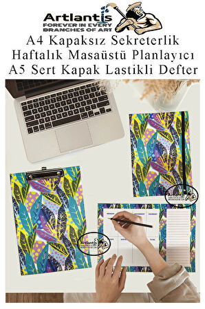 Desenli A4 Kapaksız Sekreterlik Masaüstü Haftalık Planlayıcı ve A5 Sert Kapak Lastikli Defter Planner Planlama Seti Ofis