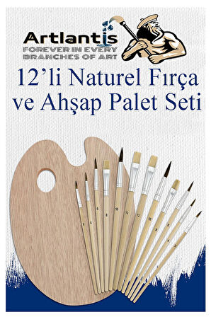 Ahşap Palet Oval Naturel 12 li Resim Fırçası Seti 1 Paket Yuvarlak ve Kesik Uçlu Boyama Fırçası Akrilik Yağlı Guaj Boya