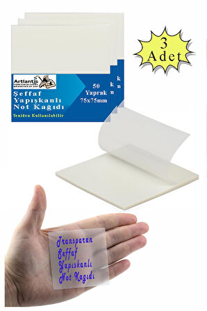 Yapışkanlı Şeffaf Not Kağıdı 50 Yaprak 3 Paket Kare Transparan Postit 75x75mm Yarı Saydam İşaretleyici Aydınger Not