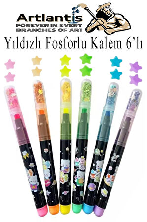 Yıldızlı Fosforlu Kalem 6 Renk 1 Paket Yıldız Baskılı İşaret Kalemi Pullu Yıldız Şekilli Damga Kalemi Sevimli Mühürlü