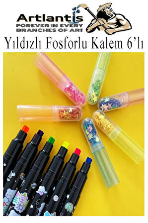 Yıldızlı Fosforlu Kalem 6 Renk 1 Paket Yıldız Baskılı İşaret Kalemi Pullu Yıldız Şekilli Damga Kalemi Sevimli Mühürlü