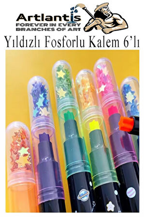 Yıldızlı Fosforlu Kalem 6 Renk 1 Paket Yıldız Baskılı İşaret Kalemi Pullu Yıldız Şekilli Damga Kalemi Sevimli Mühürlü