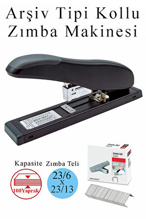 Büyük Boy Zımba Makinesi 1 Adet Arşiv Tipi Zımba Makinesi 100 Sayfa Kapasite Zımba Teli Hediyeli Kollu Zımba Makinesi