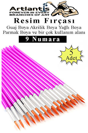 Resim Fırçası 9 Numara 5 Adet Yuvarlak Uçlu Sentetik Resim Fırça Ekonomik Suluboya Akrilik Boya Guaj Boya Yağlı Boya