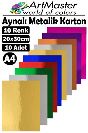 Aynalı Metalik Fon Kartonu 20x30 cm 10 Renk 1 Paket Dekoratif Pırıltılı Folyo Kağıt Okul Sınıf Renkli
