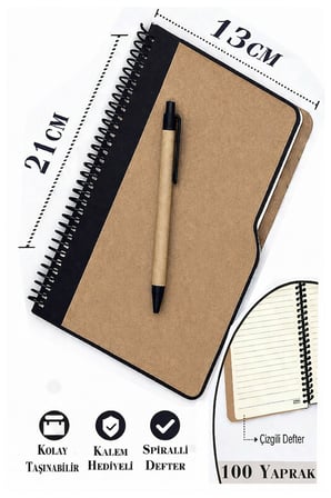 Sert Kapak Çizgili Defter 100 Yaprak 1 Adet Kalem Hediyeli Lastikli Defter Spiralli Günlük Defteri