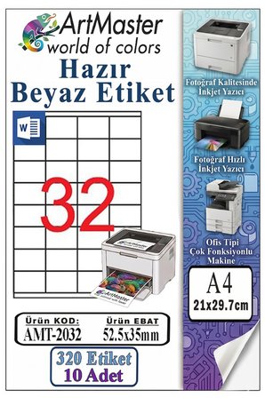 A4 Hazır Beyaz Etiket 52.5x35mm 10 Sayfa 1 Paket 32 li Kendinden Yapışkanlı Fotokopi Lazer İnkjet Kağıdı Yazıcılar İçin