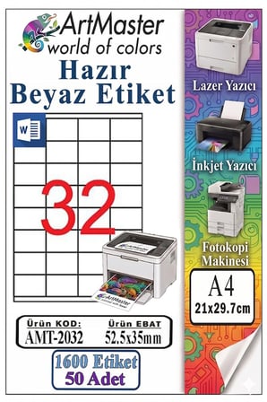 A4 Hazır Beyaz Etiket 52.5x35mm 50 Sayfa 1 Paket 32 li Kendinden Yapışkanlı Fotokopi Lazer İnkjet Kağıdı Yazıcılar İçin