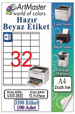 A4 Hazır Beyaz Etiket 52.5x35mm 100 Sayfa 1 Paket 32 li Kendinden Yapışkanlı Fotokopi Lazer İnkjet Kağıdı Yazıcılar İçin