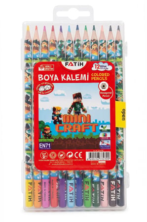 12 li Kuru Boya Kalemi Plastik Kutu 1 Paket Fatih Mini Craft Figürlü 12 Renk Kuruboya Tam Boy Renkli Kalem