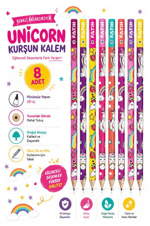 Unicorn Kurşun Kalem 8 Adet Fatih Yuvarlak Gövdeli Siyah Kurşun Kalem 2B Yumuşak Yazım Kolay Tutuş Kaliteli Okul Sınıf
