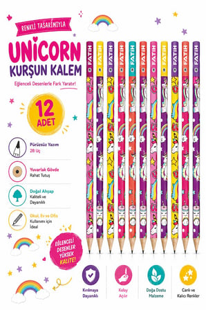 Unicorn Kurşun Kalem 12 Adet Fatih Yuvarlak Gövdeli Siyah Kurşun Kalem 2B Yumuşak Yazım Kolay Tutuş Kaliteli Okul Sınıf