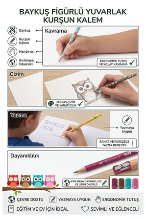 Baykuş Kurşun Kalem 8 Adet Faber Castell Yuvarlak Gövdeli Siyah Kurşun Kalem Yumuşak Yazım Kolay Tutuş Kaliteli Okul