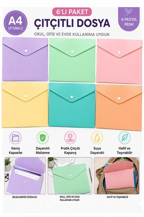 Çıtçıtlı Dosya 6 Renk Pastel A4 1 Paket Dosy Plastik Renkli Zarf Dosya Çıt Çıtlı Dosya Ödev Evrak Belge Saklama
