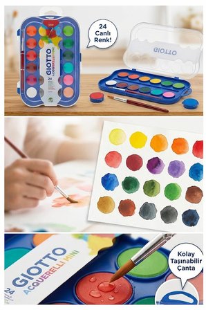 24 Renk Sulu Boya 30mm 1 Paket Giotto 24 lü Suluboya Fırça Hediyeli Canlı Renkler Acquerelli Kaliteli Yıkanabilir