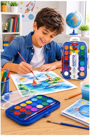 24 Renk Sulu Boya 30mm 1 Paket Giotto 24 lü Suluboya Fırça Hediyeli Canlı Renkler Acquerelli Kaliteli Yıkanabilir