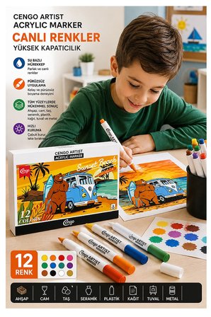 12 Renk Akrilik Markör Keçeli Kalem 1 Paket Cengo 12 li Acrylic Marker Taş Cam Metal Seramik Plastik Tuval Ahşap