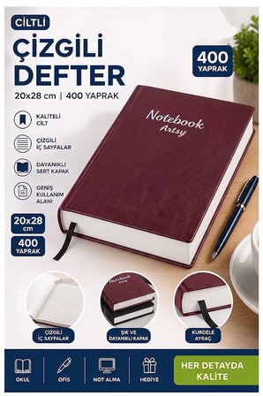 Ciltli Çizgili Defter 400 Yaprak 20x28cm 1 Adet Çok Yapraklı Sert Kapaklı Not Hesap Defteri Okul Ofis Büro