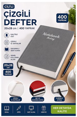 Ciltli Çizgili Defter 400 Yaprak 20x28cm 1 Adet Çok Yapraklı Sert Kapaklı Not Hesap Defteri Okul Ofis Büro