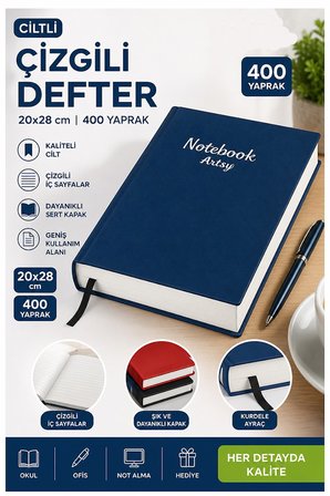 Ciltli Çizgili Defter 400 Yaprak 20x28cm 1 Adet Çok Yapraklı Sert Kapaklı Not Hesap Defteri Okul Ofis Büro