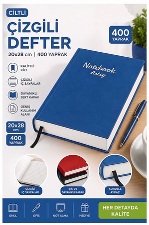 Ciltli Çizgili Defter 400 Yaprak 20x28cm 1 Adet Çok Yapraklı Sert Kapaklı Not Hesap Defteri Okul Ofis Büro