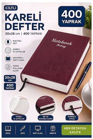 Ciltli Kareli Defter 400 Yaprak 20x28cm 1 Adet Çok Yapraklı Sert Kapaklı Not Hesap Defteri Okul Ofis Büro