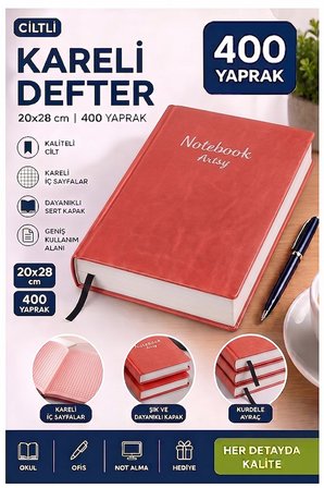 Ciltli Kareli Defter 400 Yaprak 20x28cm 1 Adet Çok Yapraklı Sert Kapaklı Not Hesap Defteri Okul Ofis Büro