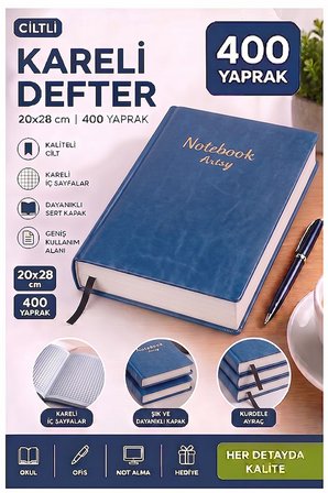 Ciltli Kareli Defter 400 Yaprak 20x28cm 1 Adet Çok Yapraklı Sert Kapaklı Not Hesap Defteri Okul Ofis Büro
