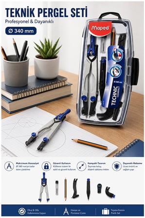 Metal Pergel Seti 7 Parça 1 Paket Maped Technic Compact Profesyonel Pergel Çizim Proje Matematik Mimari Çizim Seti