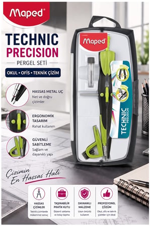 Yeşil Metal Hassas Pergel Seti 3 Parça 1 Adet Maped 291010 Technic Precision Profesyonel Pergel Proje Mimari Teknik