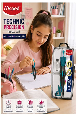 Mavi Metal Hassas Pergel Seti 3 Parça 1 Adet Maped 291010 Technic Precision Profesyonel Pergel Proje Mimari Teknik Çizim