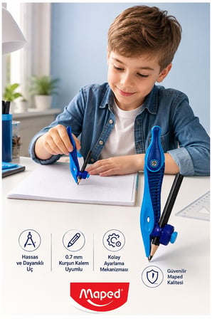 Mavi Plastik Pergel Kurşun Kalemli 1 Adet Maped Kidz 191611 Pergel Matematik Geometri Mimari Proje Teknik Çizim