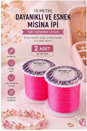 Pembe Misina İpi 0.5mm 10 Metre 2 Adet Esnek Boncuk Takı Dizme İpi Elastik İp Bileklik Aksesuar Lastiği Yuvarlak Elyaf 