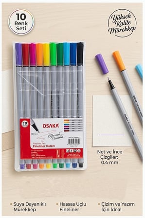 Fineliner Kalem 10 Renk 0.4mm 1 Paket Osaka İnce Keçe Uçlu 10 Lu Renkli Yazı ve Çizim Kalemi İşaretleme Yazı Kalemi