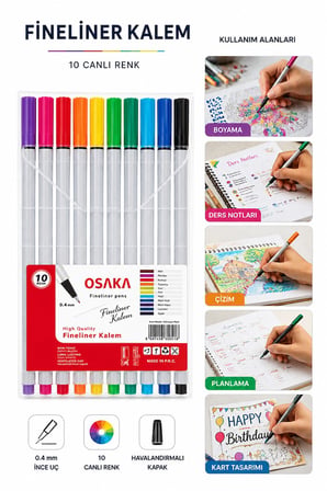 Fineliner Kalem 10 Renk 0.4mm 1 Paket Osaka İnce Keçe Uçlu 10 Lu Renkli Yazı ve Çizim Kalemi İşaretleme Yazı Kalemi