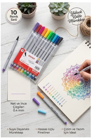 Fineliner Kalem 10 Renk 0.4mm 1 Paket Osaka İnce Keçe Uçlu 10 Lu Renkli Yazı ve Çizim Kalemi İşaretleme Yazı Kalemi