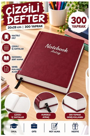 Ciltli Çizgili Defter 300 Yaprak 20x28cm 1 Adet Çok Yapraklı Sert Kapaklı Not Hesap Defteri Okul Ofis Büro