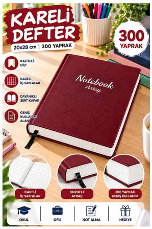 Ciltli Kareli Defter 300 Yaprak 20x28cm 1 Adet Çok Yapraklı Sert Kapaklı Not Hesap Defteri Okul Ofis Büro