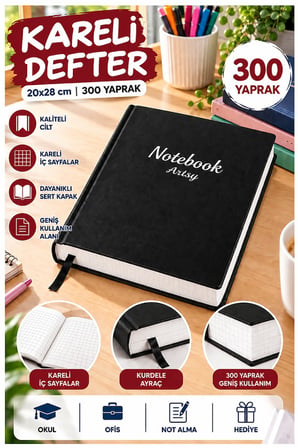 Ciltli Kareli Defter 300 Yaprak 20x28cm 1 Adet Çok Yapraklı Sert Kapaklı Not Hesap Defteri Okul Ofis Büro