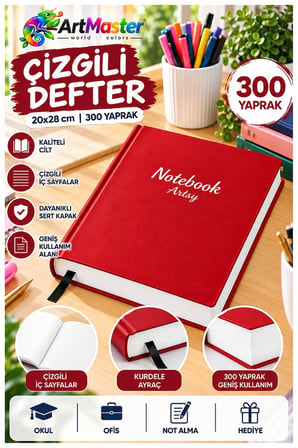 Kırmızı Ciltli Çizgili Defter 300 Yaprak 20x28cm 1 Adet Çok Yapraklı Sert Kapaklı Not Hesap Defteri Okul Ofis Büro