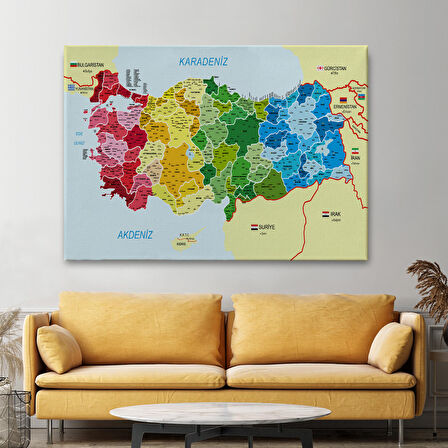 Harita Sepeti Türkiye Haritası Kanvas Tablo İl ve İlçeli Ayrıntılı Eğitici Komşulu Tablo 3021