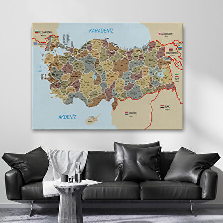 Harita Sepeti Türkiye Haritası Kanvas Tablo İl ve İlçeli Ayrıntılı Eğitici Komşulu Tablo 3022