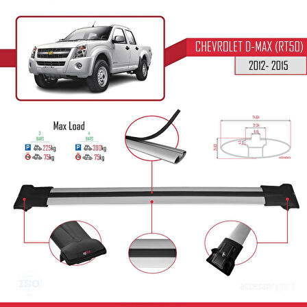 Chevrolet D-Max (RT50) 2012-2015 Arası ile Uyumlu FLY Model Ara Atkı Tavan Barı Gri 3 Adet