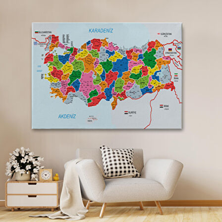Harita Sepeti Türkiye Haritası Kanvas Tablo İl ve İlçeli Ayrıntılı Eğitici Komşulu Tablo 3023
